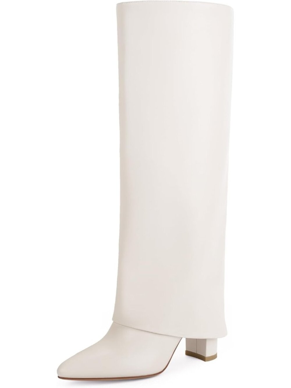 Women's White Pu Knee High Fold Over Boots Chunky Heel Pointed Toe Tall Boots